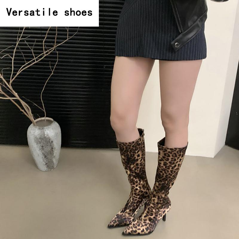 Pointed Toe Women Knee High Boots Fashion Elegant Leopard Shoes Autumn Winter Thin Heel Ladies Sexy Slim Long Botas De Mujer