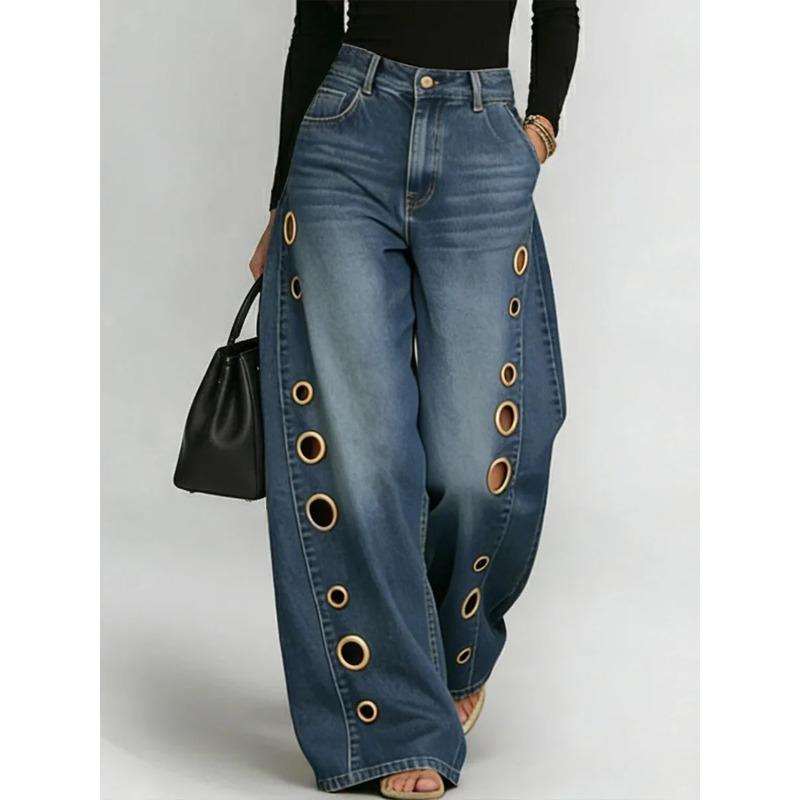 Spring and Summer New Metal Heterosexual Corns European and American Women's Clothing Solid Color Horse Slip Loose Jeans