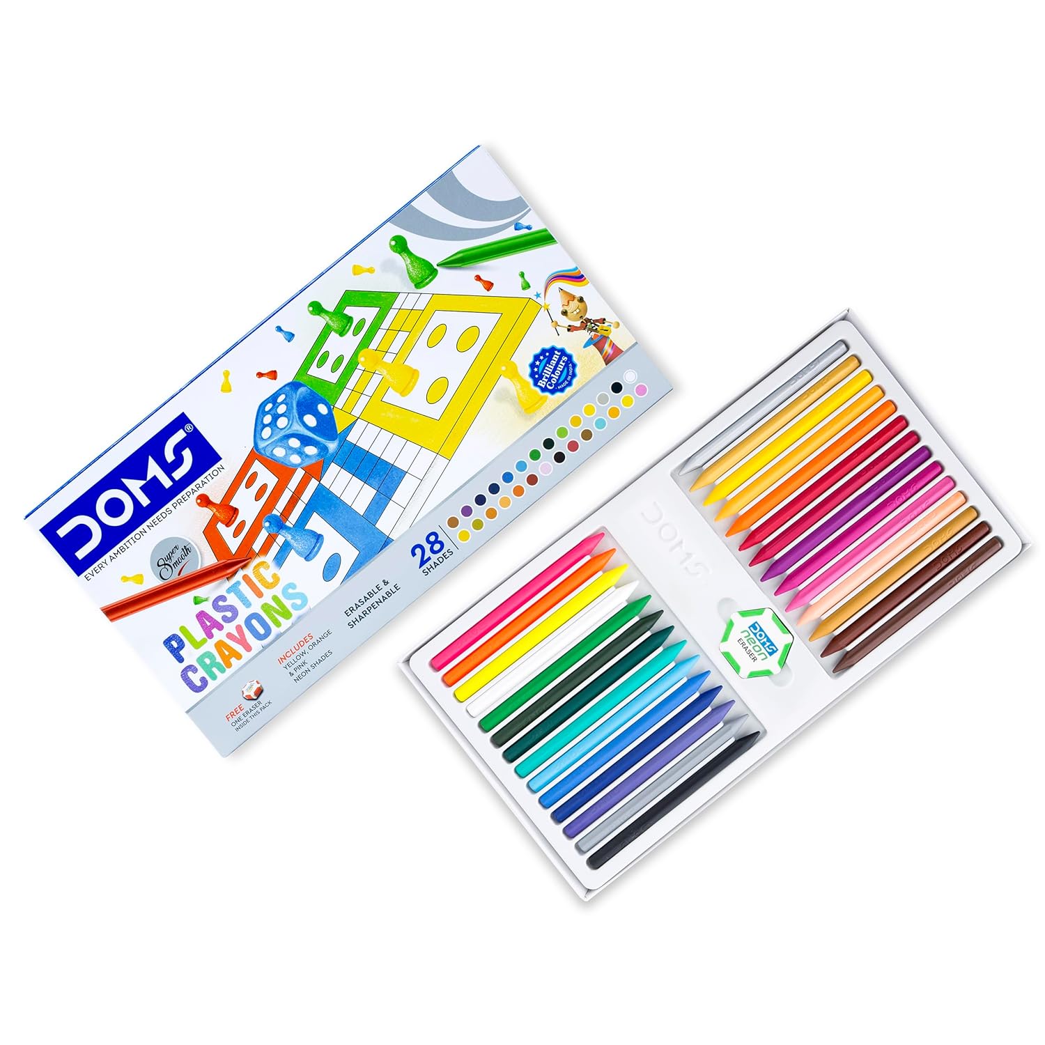 

Doms Non Toxic 28 Shades Plastic Crayons Set for Kids Drawing Art School Supplies Erasable Sharpenable Pack of 1