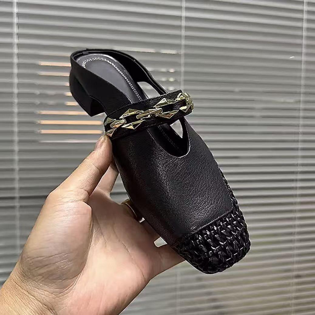 

3cm/soft leather/summer breathable thick heel half slippers women s fashion outer wear hollow woven French medium heel leather drag women 40