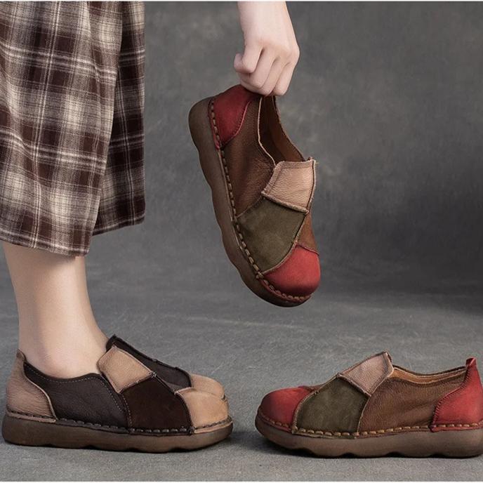 Johnature Retro Mixed Colors Soft Soled Flats Genuine Leather Comfortable Round Toe Women's Slip-on Shoes