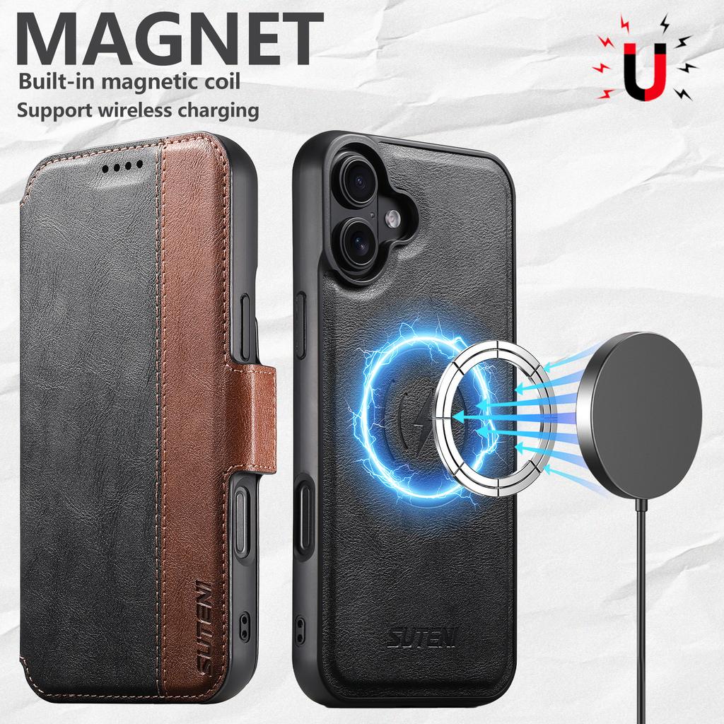 SUTENI Q-07 For iPhone 16 Plus Case Magnetic Color Splicing Cowhide Texture Leather Cover