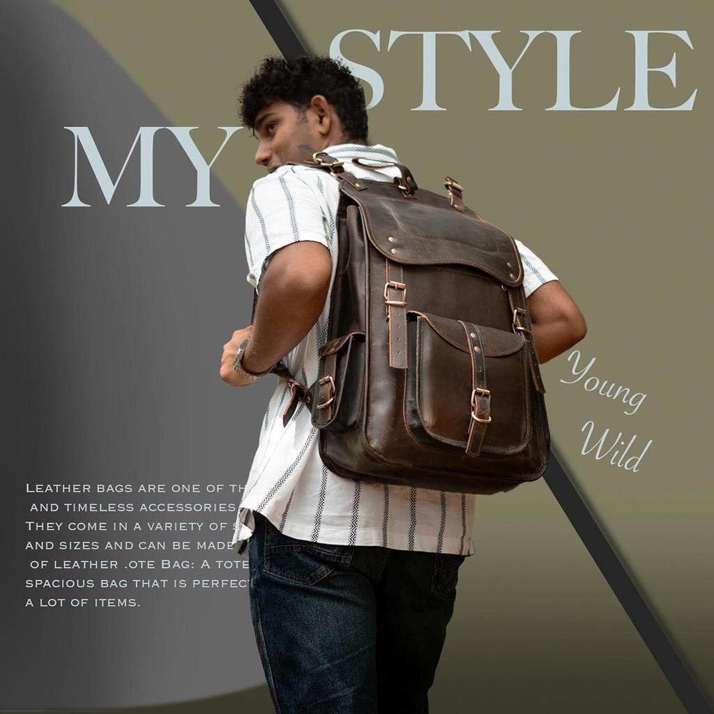 Vintage Full Grain 21 Inch Leather Laptop Large Backpack Casual Bookbag Daypack Camping Travel Rucksack Knapsack