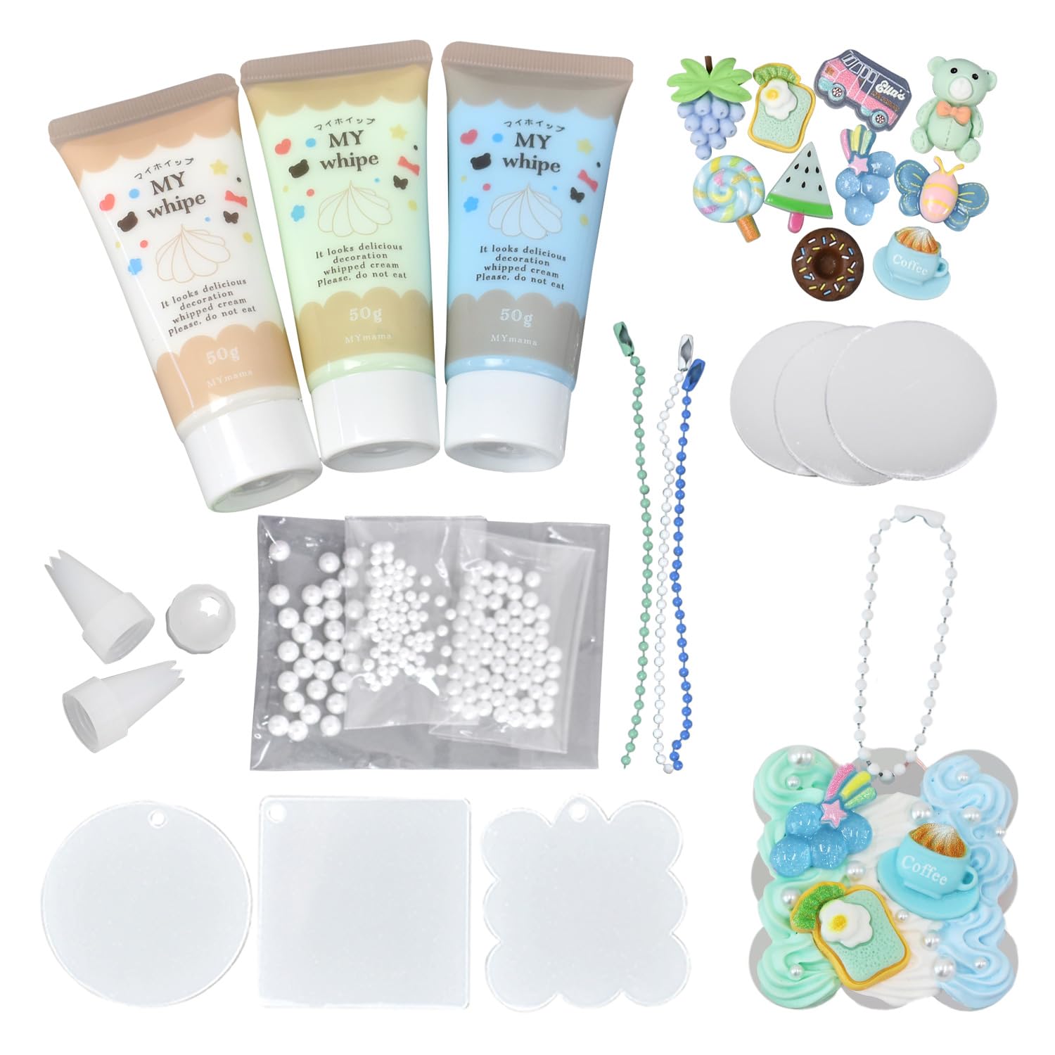 

Набор брелоков MYmama с декором из взбитых сливок, позволяет сделать 3 брелока, включает 3 рецепта, базовый, детский, для начинающих (прохладно)