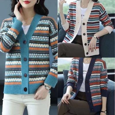 Striped Cashmere Cardigan Women's V-neck Casual Thick New Spring New Retro Jacquard Wool Sweater Knitted JSweater Jacket