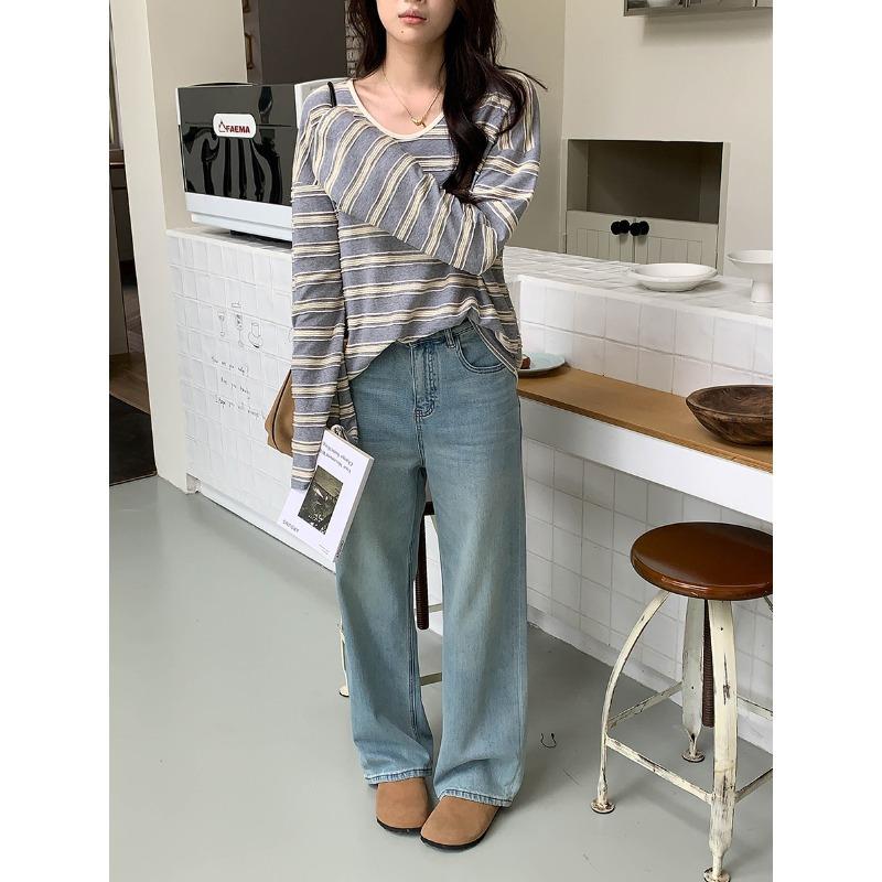 3th Morning New Women s Casual Loose-Fit Color-Block Striped T-Shirt S
