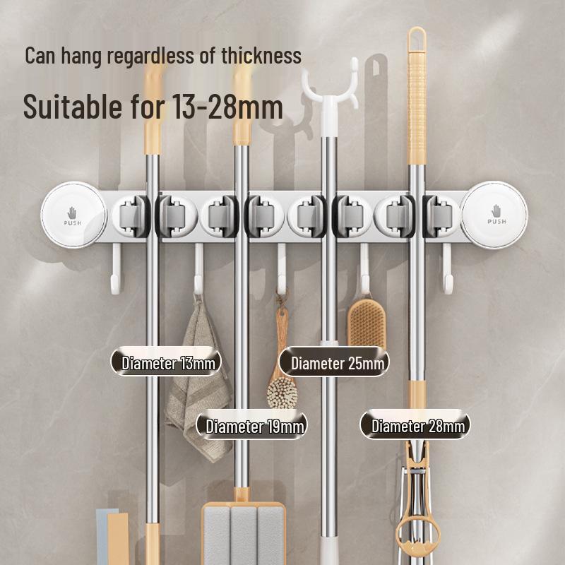 No-Drill Mop & Broom Wall Mount Clip with Suction Cup