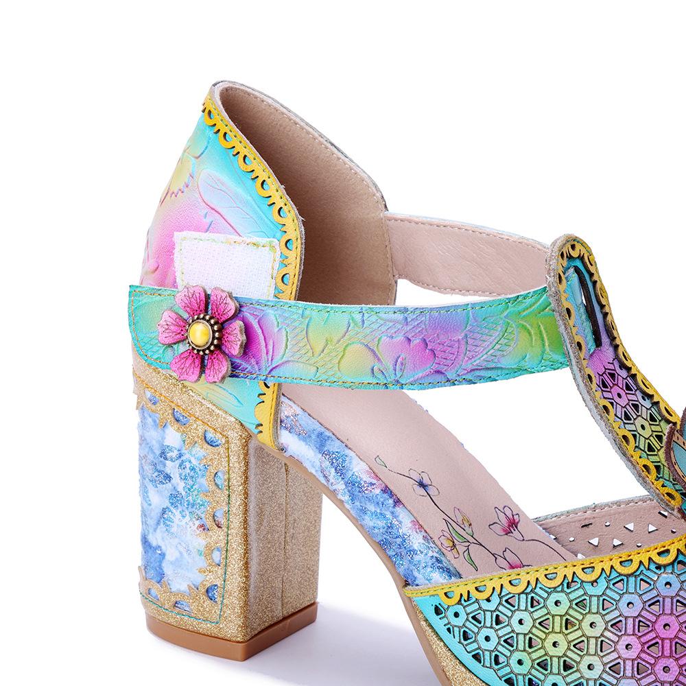 Johnature Genuine Leather Vintage Baroque Style Carved And Painted Floral Comfortable High-heeled Sandals