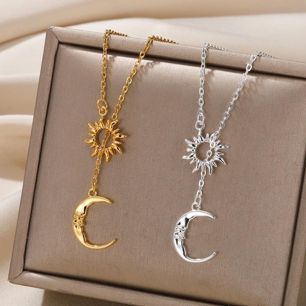 Stainless Steel Necklaces For Women Sun Moon Pendant Clavicle Chain Exquisite Bohemian Wedding Jewelry Gift Fashion Accessories