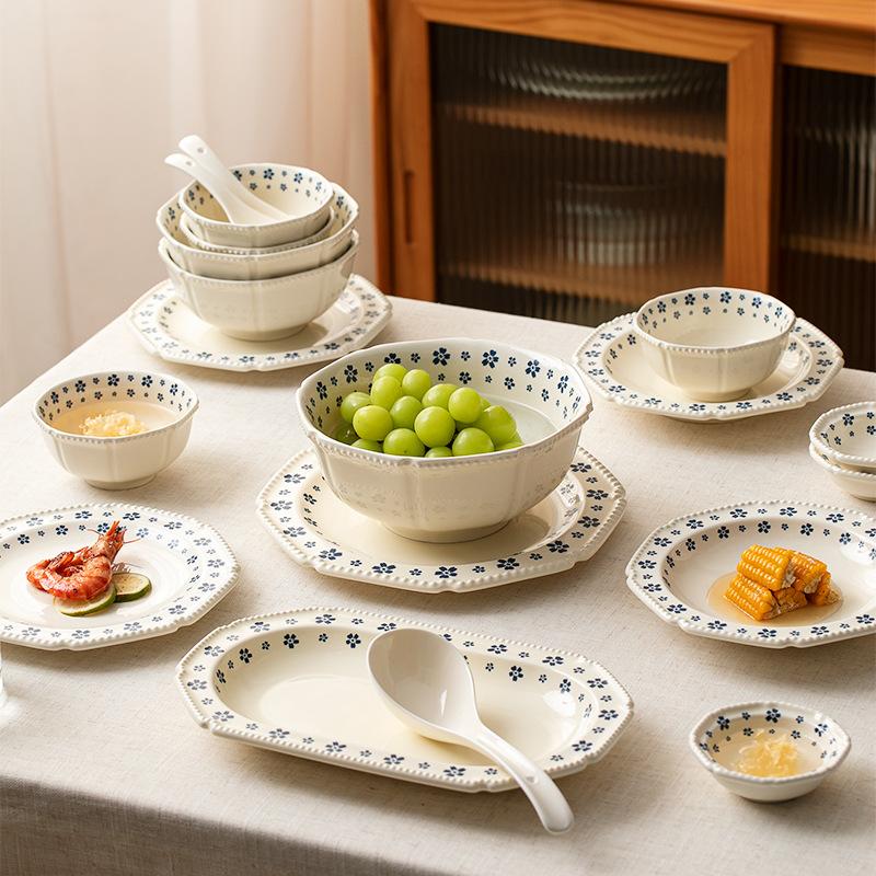 Retro Bead Point Blue Cherry Blossom Ceramic Tableware Small Fresh Household High Value Rice Bowl Vegetable Plate Niche Bowl Set
