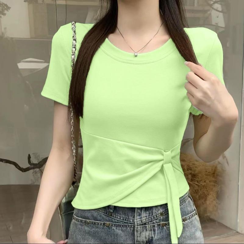 Women's Solid Color Slim Fit T-shirt Casual Short Sleeve Crew Neck Tie Waist Crop Top Summer Basic Tee
