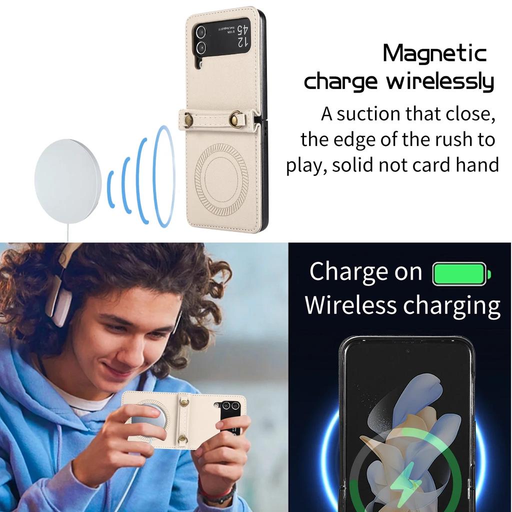 Crossbody Wireless Charge Magnetic Leather Case For Samsung Galaxy Z Flip 6 5 4 3 Flip5 Long Rope Lanyard For Magsafe Cover