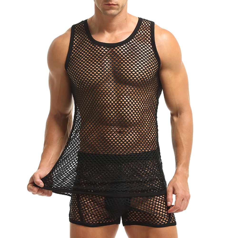 Men's Crew Neck Fishnet Tank Top - Breathable, Loose, Casual, Plus Size, European & American Style.