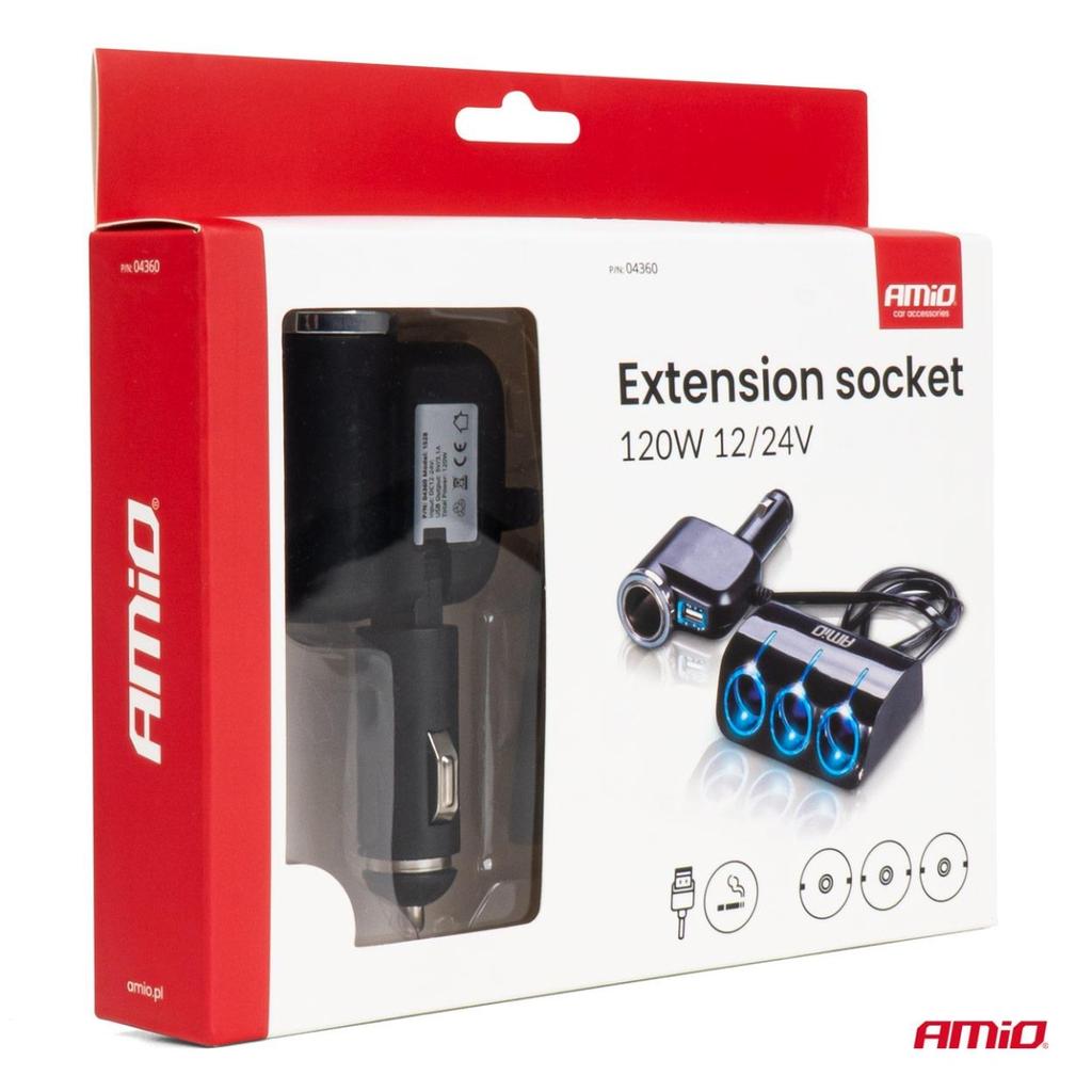 Cigarette lighter socket splitter with charger and bulb 12V 24V 120W 80cm AMIO-04360