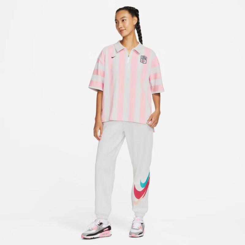 Nike Color Block Stripe Print Casual Short Sleeve Drop Shoulder T-Shirt Women Tops Pink FQ0701-122