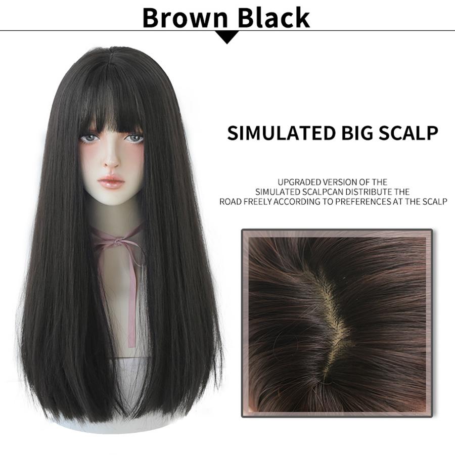 7jhhwigs Long Straight Synthetic Light Brown Wigs With Bang For Women Heat-resistant Daily Use Hair  Sell Whole Wigs