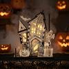 Immersive Lighted Holiday Figurine 3D Halloween Village Haunted House Figurine Spooky Light Up Wooden Castle Ornament Desktop Retro with Ghost