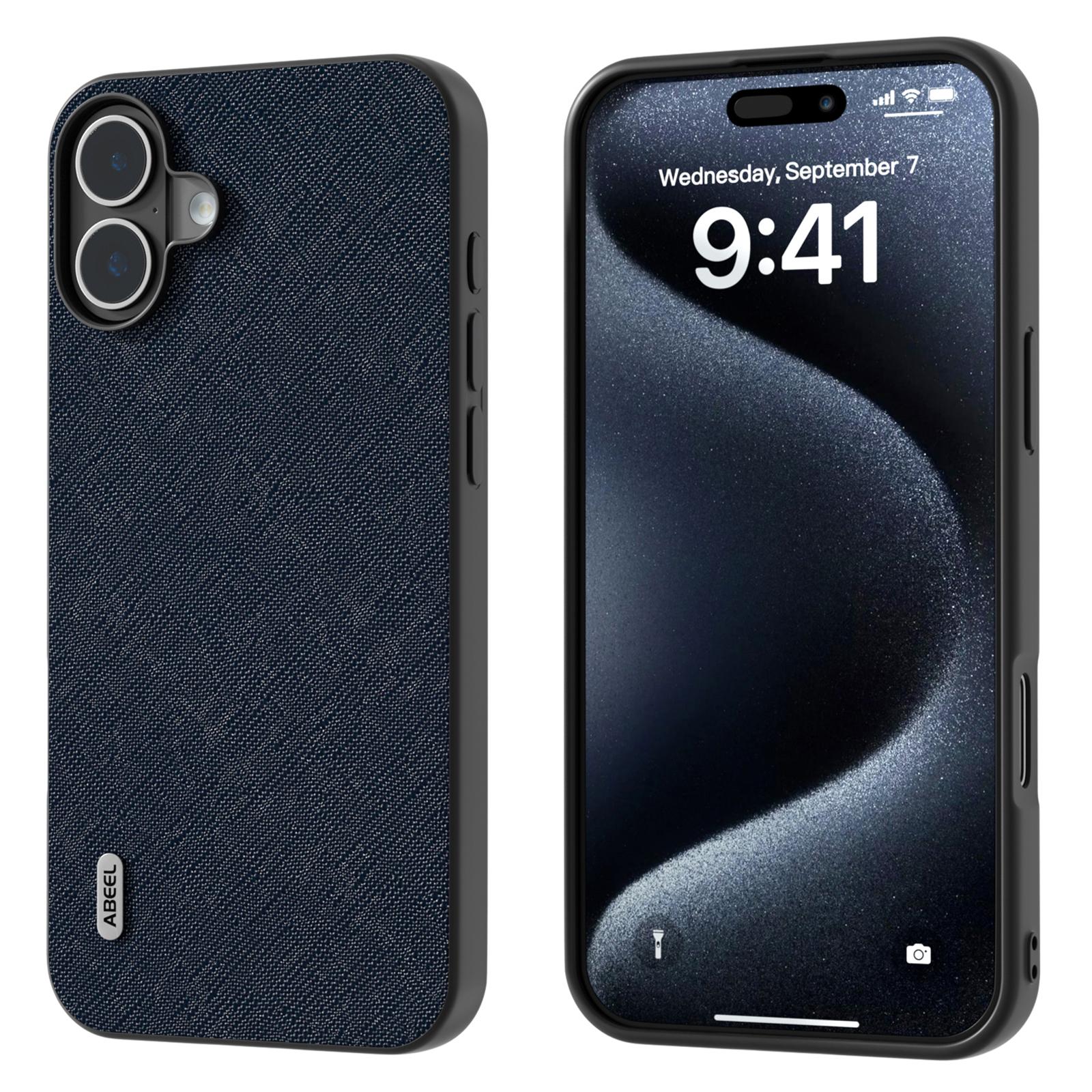 ABEEL For iPhone 16 Plus Case Cross Texture Genuine Cow Leather Hybrid Phone Case A
