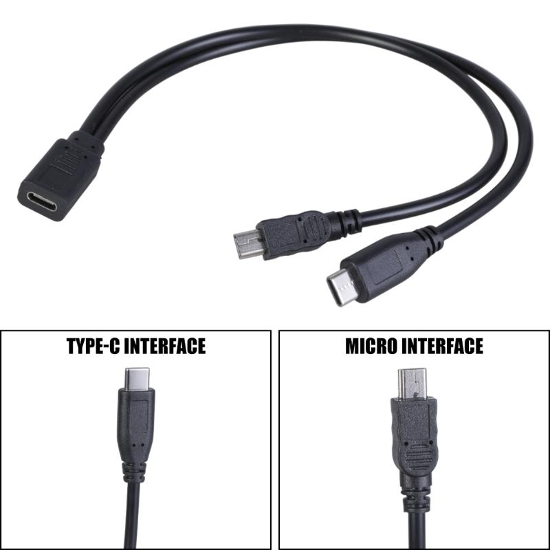 USB C Female to Mini USB+Type C Male Splitter Extension Charging Cable for Electronics Power Supply Accessories