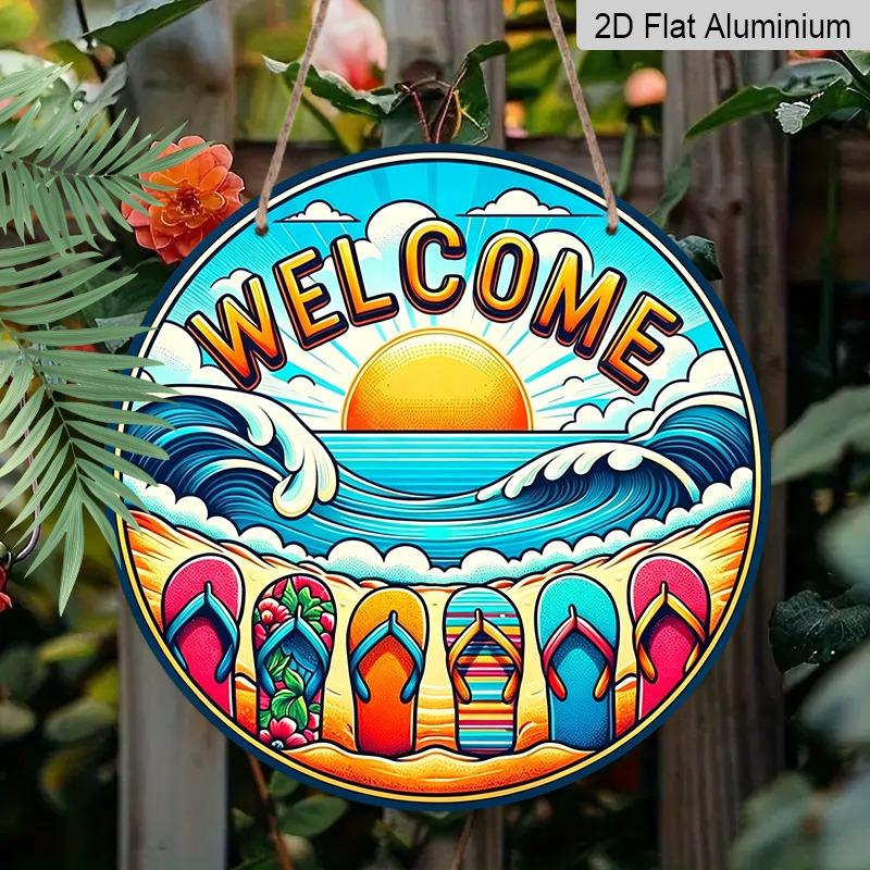 2D Flat Summer Beach "Welcome" Aluminum Decorative Signs and Plaques in Various Sizes. Flip-flop Summer Wave Pattern Wall Decorations Suitable for