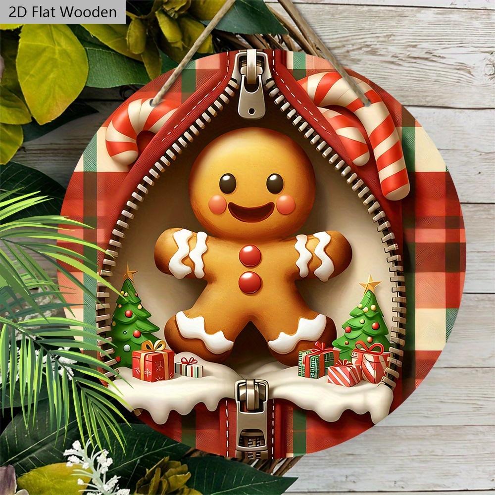 Christmas Wooden Sign with Adorable Gingerbread Man Pattern - Navidad Round Sign for Front Door, Wall Hanging Decor - Ideal Christmas Decoration