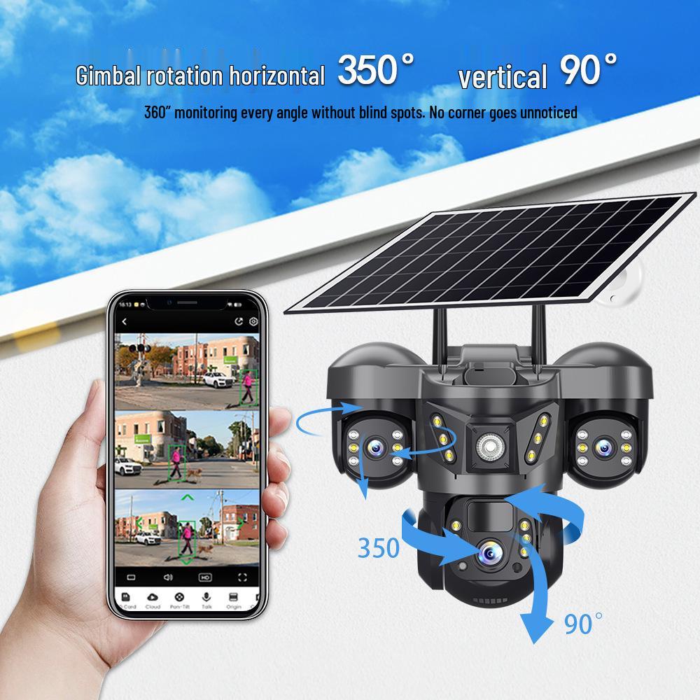 Triple-Screen 360° Wireless Solar Surveillance Camera with Tri-Lens Integration.