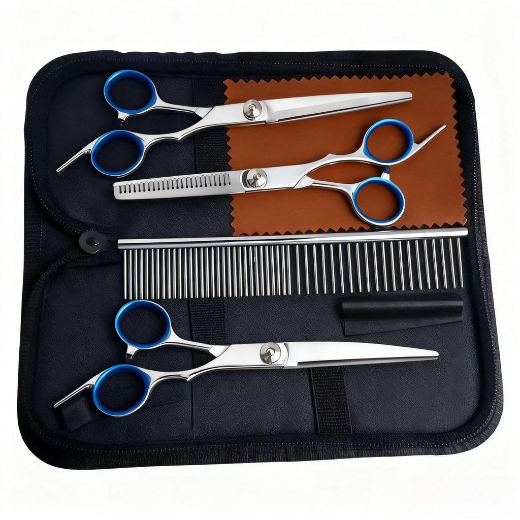 Portable Pet Grooming Scissor Set: Flat & Curved Hairdressing Tools