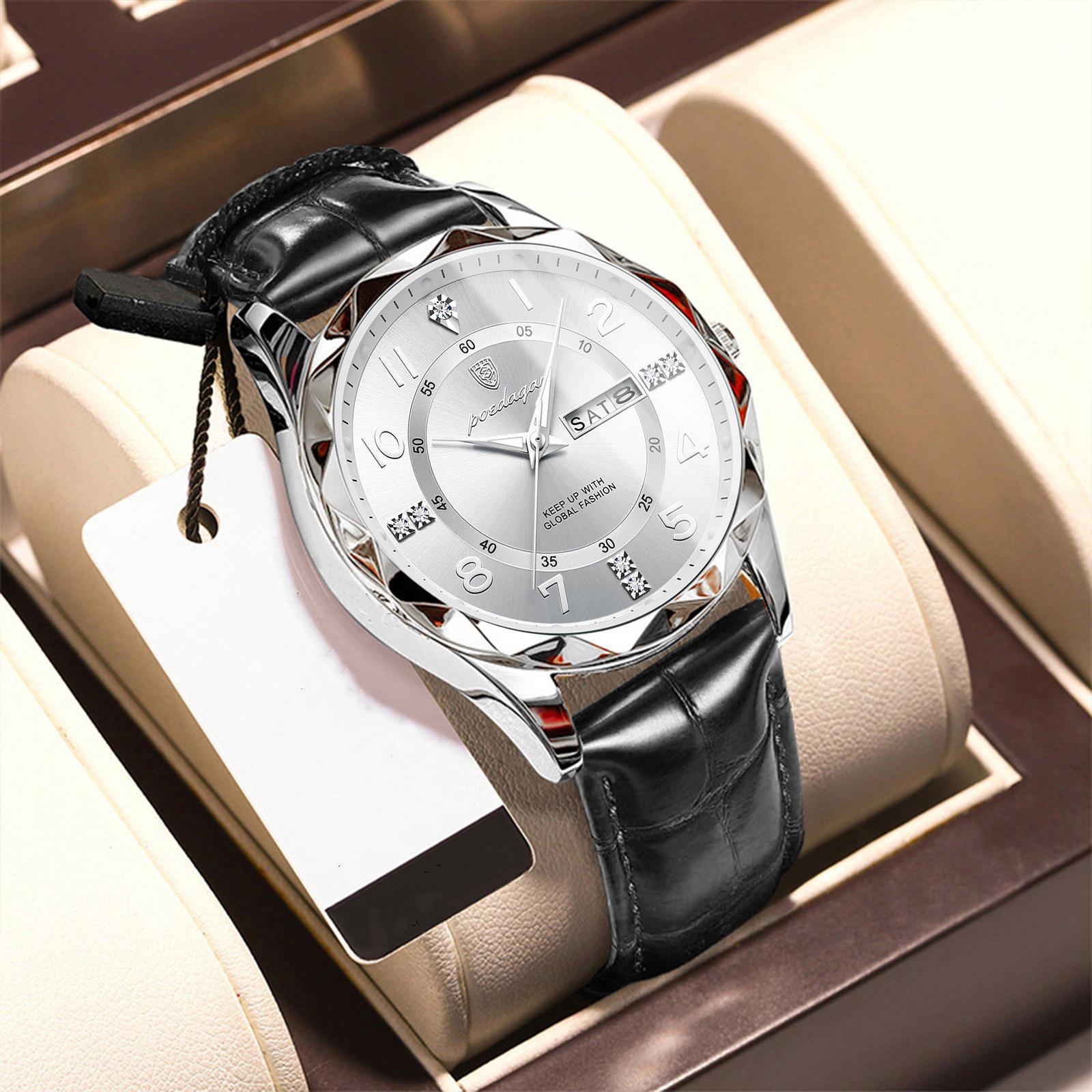 

POEDAGAR Мужские наручные часы Роскошные Деловые Светящиеся Дата Неделя Мужские Черные Кварцевые Часы Для Мужчин Кожаные Часы белый/серебряный