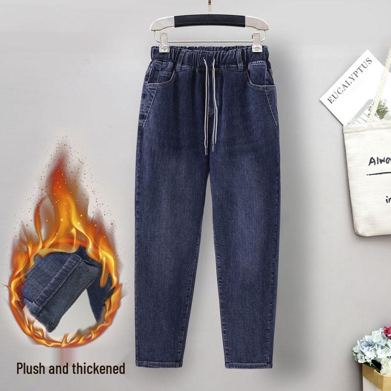 Damen Plus Size Jeans mit Fleece-Futter und hohem Bund mit elastischem Bund - Lässig, Locker und Schlankmachend