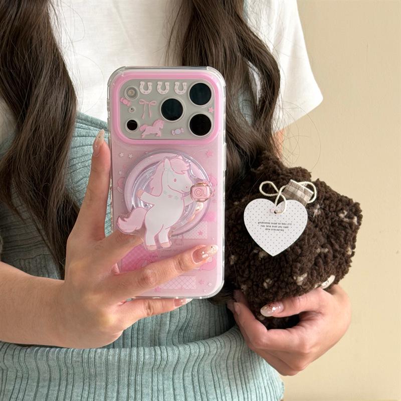 Magnetic Horse Bracket - Pink Camera Compatible with iPhone 17/16 Pro Max/15/14 Trendy Case