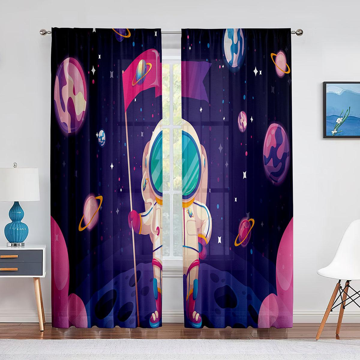 

Прозрачная вуаль с рисунком космического космонавта и планеты, занавески для гостиной, спальни, кухни, декор, шифоновые, тюлевые оконные шторы 1 PCS W100XH250cm&Grommet Top