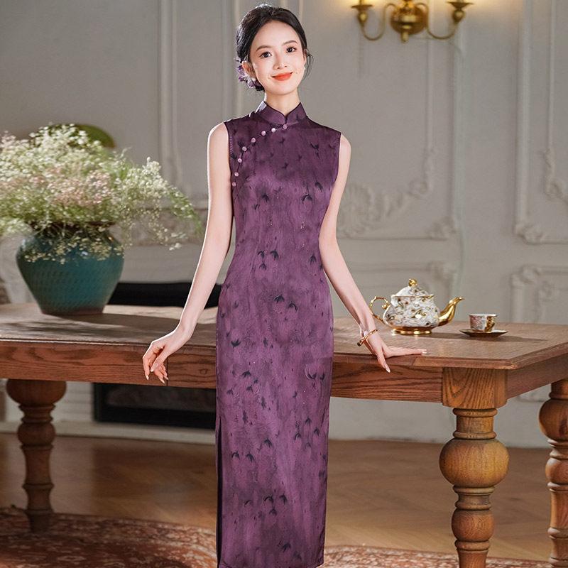 Purple sleeveless national style new Chinese long improved cheongsam 1011 new women's high-end mother outfit for summer test
