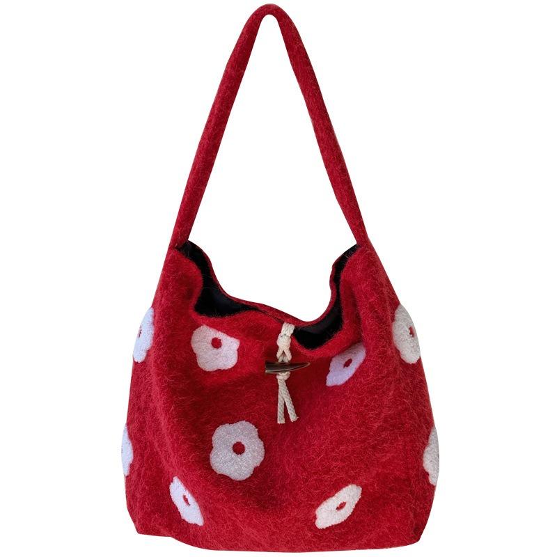 Plush flower embroidery commuter bucket bag autumn and winter new niche design simple woolen tote bag