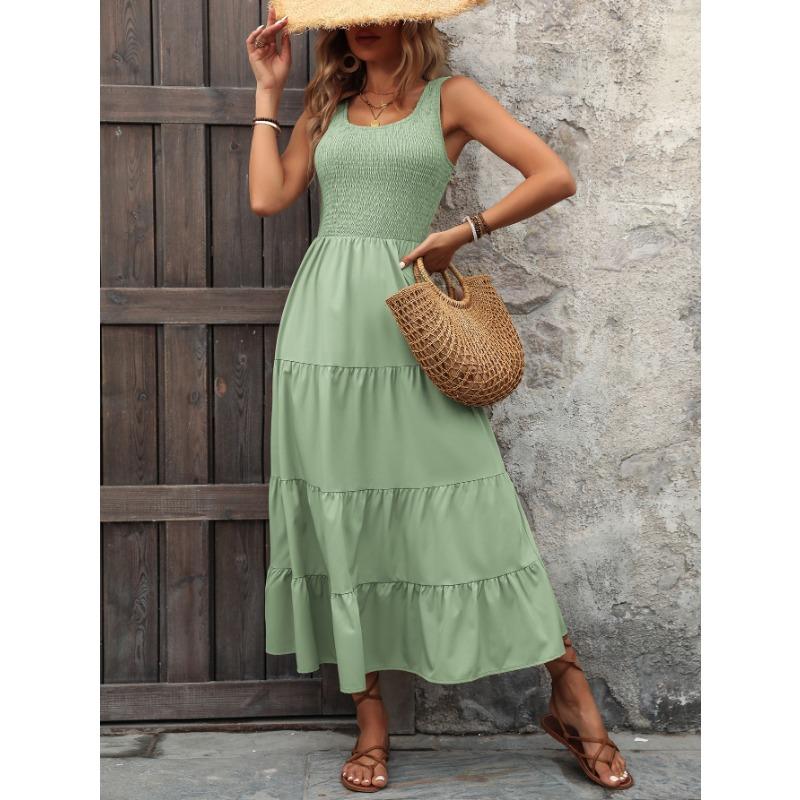 Summer Women's Halter Dress Drawstring Pleated Splicing A-line Large Swing Dresses
