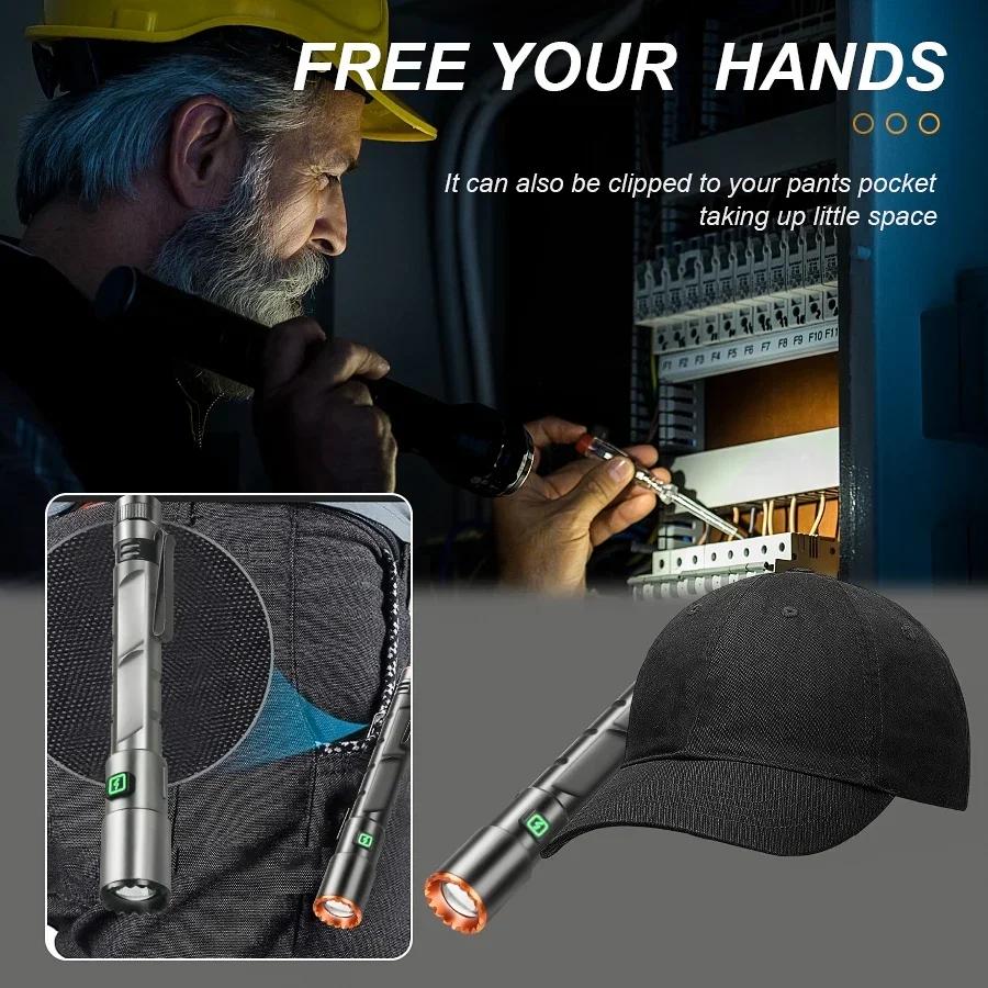 Mini Portable LED Flashlight Built-in Battery Torch With Pen Clip Tail Magnet USB Rechargeable Outdoor Camping Fishing Lantern