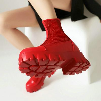 Women Ankle Boots Platform Chunky Heels Ladies Mesh Net Short Boots