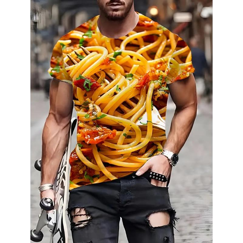 Large Men's French Fries Hamburger Pattern 3D Printed Men's Round Neck Short Sleeved T-shirt Summer Fashion T-shirt Casual Comfortable Versatile Top