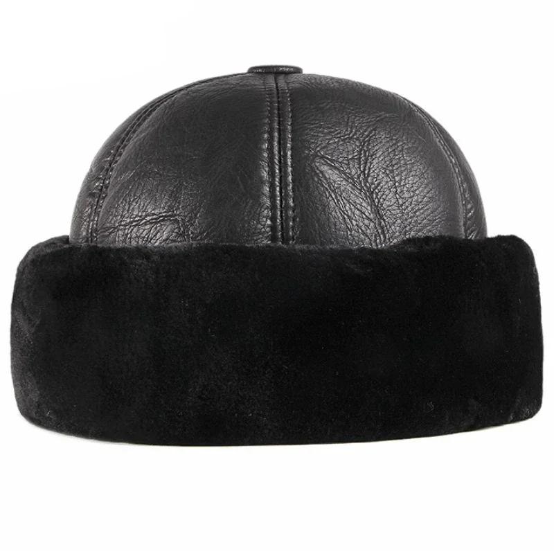 Winter PU Leather Warm Plush Hat Thickened Fur Splicing Leather Hat Retro Waterproof Old Man Hat Plush Warm Snow Windproof Hat