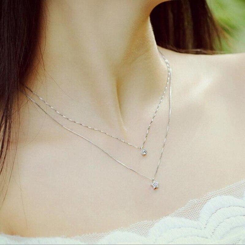 Noble Exquisite Fashion Wild 925 Sterling Silver Jewelry Star Inlaid Double Clavicle Chain Beautiful Pendant Necklaces Xl142