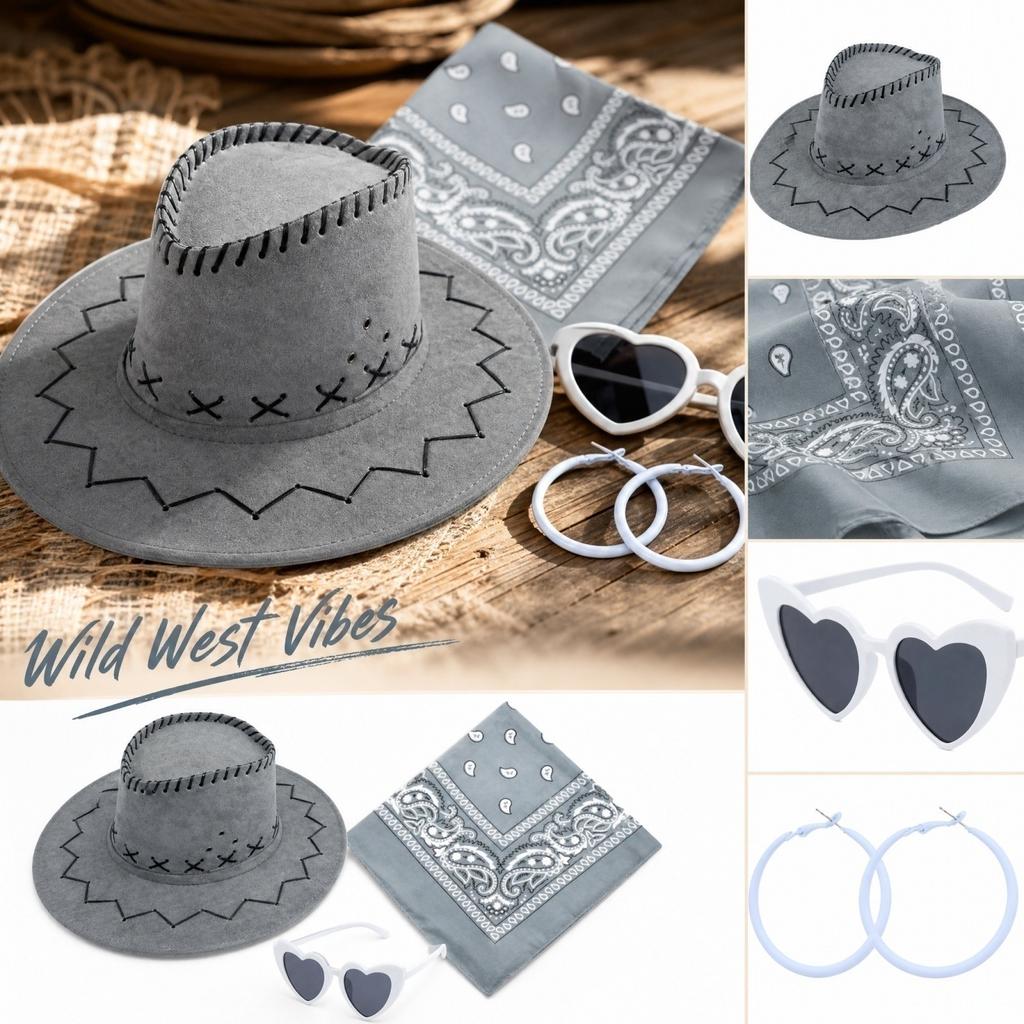 Costume Set with Hat, Glasses and Earrings for Western Role Play