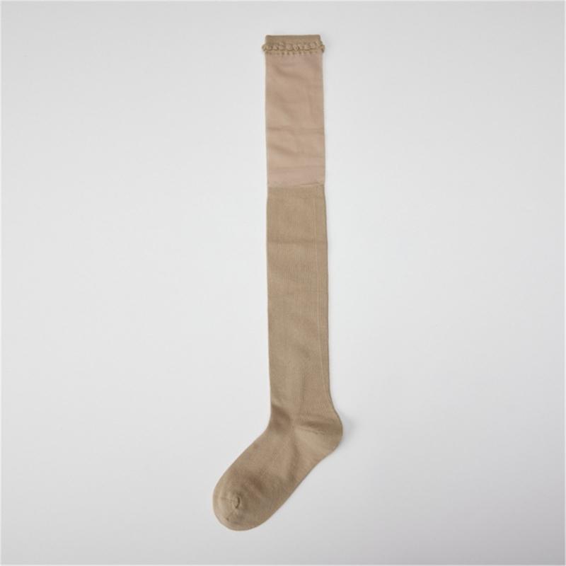 Solid Color Stretch Ruffle Trim Over Knee Long Socks for Women Japanese Student Sheer Mesh Splicing Thigh High Stockings