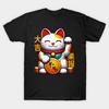Men Black Print T-shirt Lucky Cat Maneki Neko With Good Luck Kanji No-Cut Transfer Paper Print Cotton Tshirt
