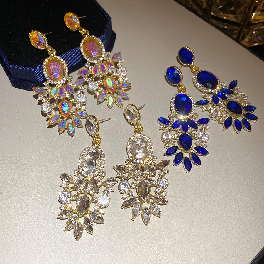 Boucles d'oreilles pendantes ovales incrustées de strass pour femmes, luxe léger, haut de gamme, style rétro palais