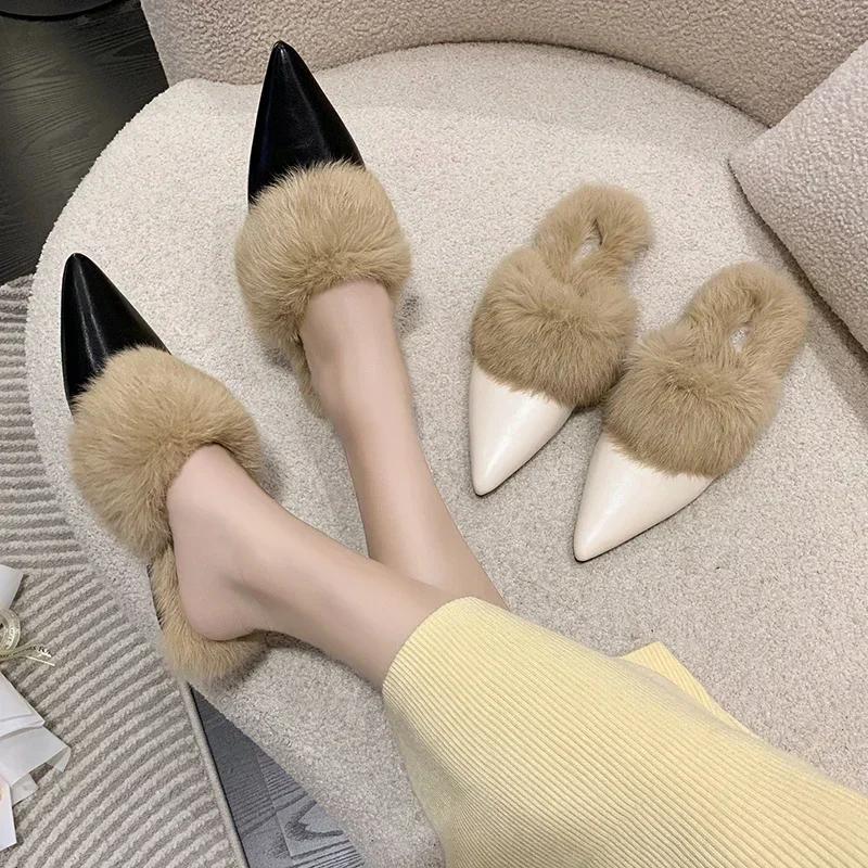 Fashion Fashion Winter Plush Women Mules Slippers Slip On Warm Woman Slipper Faux Fur Flat Shoes Pointed Toe Female Ladies Shoes