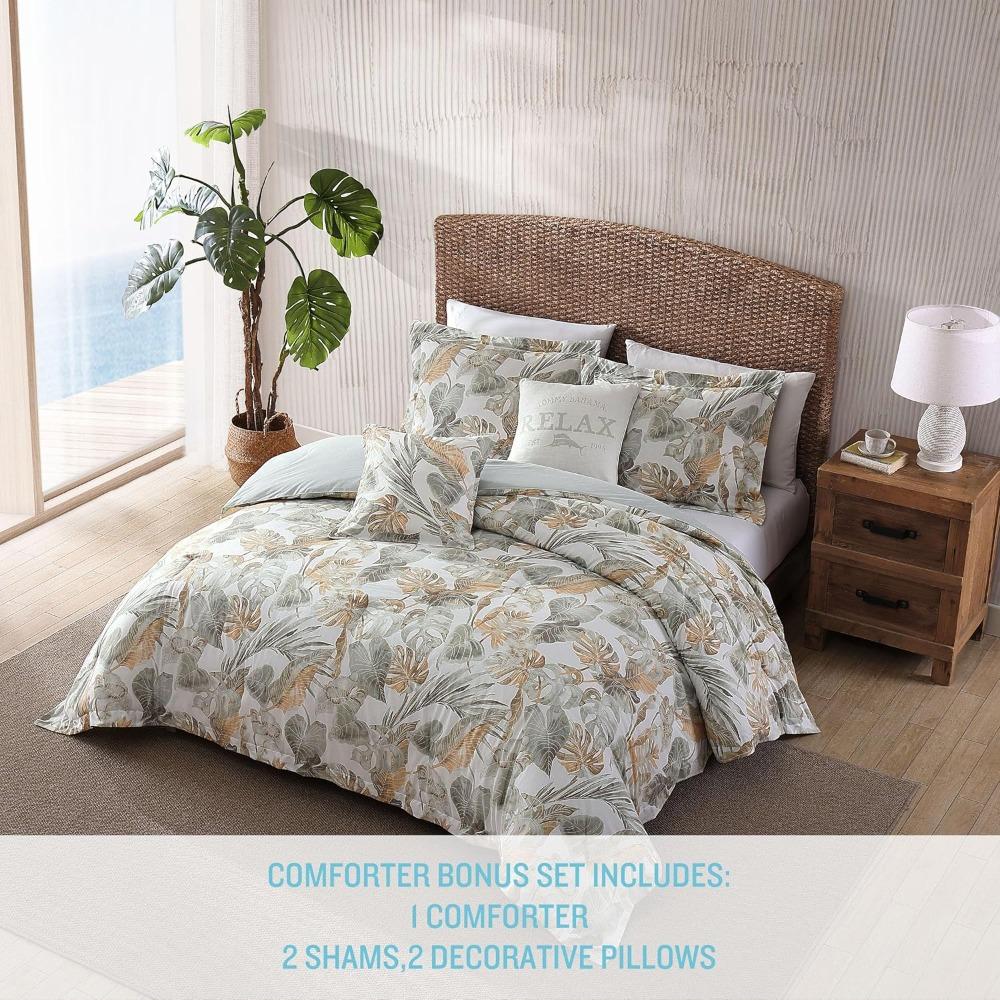 Luxury King Size Duvet Cover Set In Soft Cotton with Coordinated Pillow Shams, Tropical Style Bedding with Solid Color Reverse