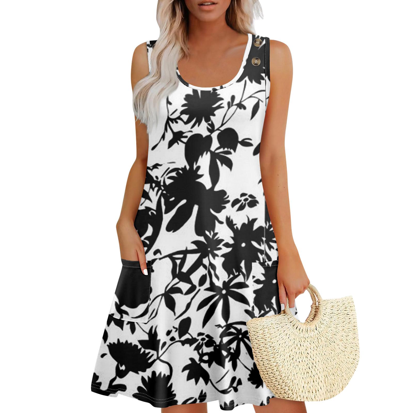 

Летние платья для женщин Пляжный Бохо Без рукавов Принт Струящиеся Карманы Футболки Сарафаны XL белый