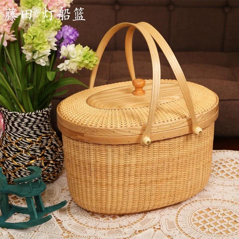 Natural Rattan Storage Box Double Open Lid Shopping Basket Multifunctional Vegetable Container Outdoor Convenience Picnic Basket