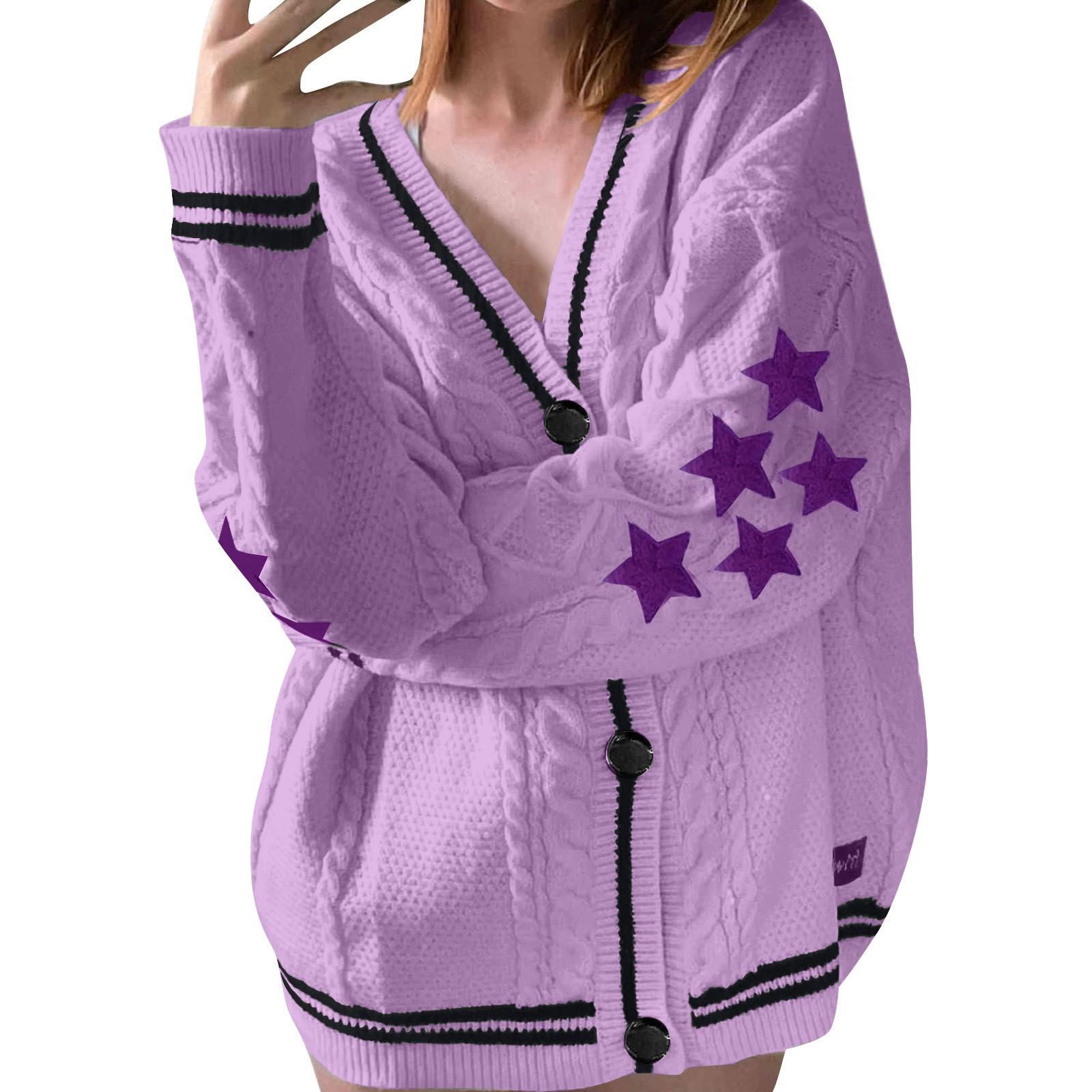 Women s Long Sleeve Cable Knit Sweater Open Front Cardigan Button Loose Womens Outerwear S фиолетовый