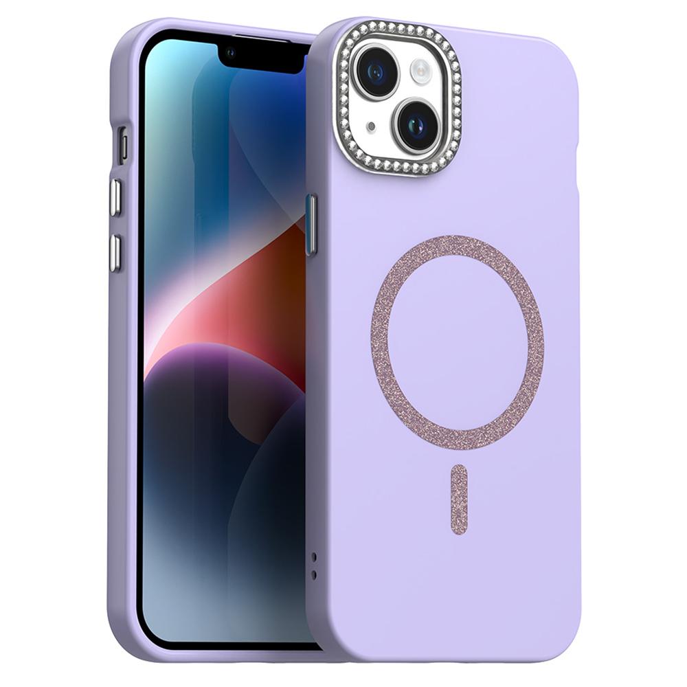 For iPhone 15 Plus/14 Plus Case Compatible with MagSafe TPU+PET Phone Cover with Rhinestone Decor Lens Frame