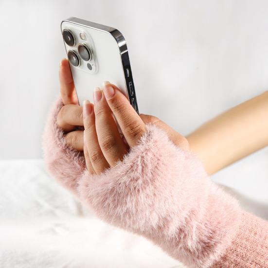 1 Pair Winter Ladies Gloves Half-finger Thick Plush Knitted Stretchy Touchscreen Wrist Protection Keep Warm Office Typing Student Writing Gloves